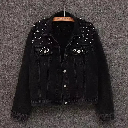 Blue Black Denim Jacket Woman Denim Coat Turn Down Collar Single Breasted Beaded Pearl Loose Casual Regular Short Jacket