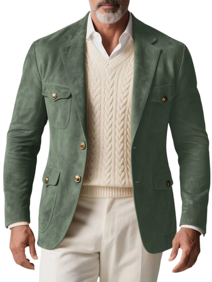 1970s Men's Suede Blazer Retro Slim Fit Two Buttons Multi Pocket High Quality Jacket Fashion Casual Sport Coat For Daily Wear