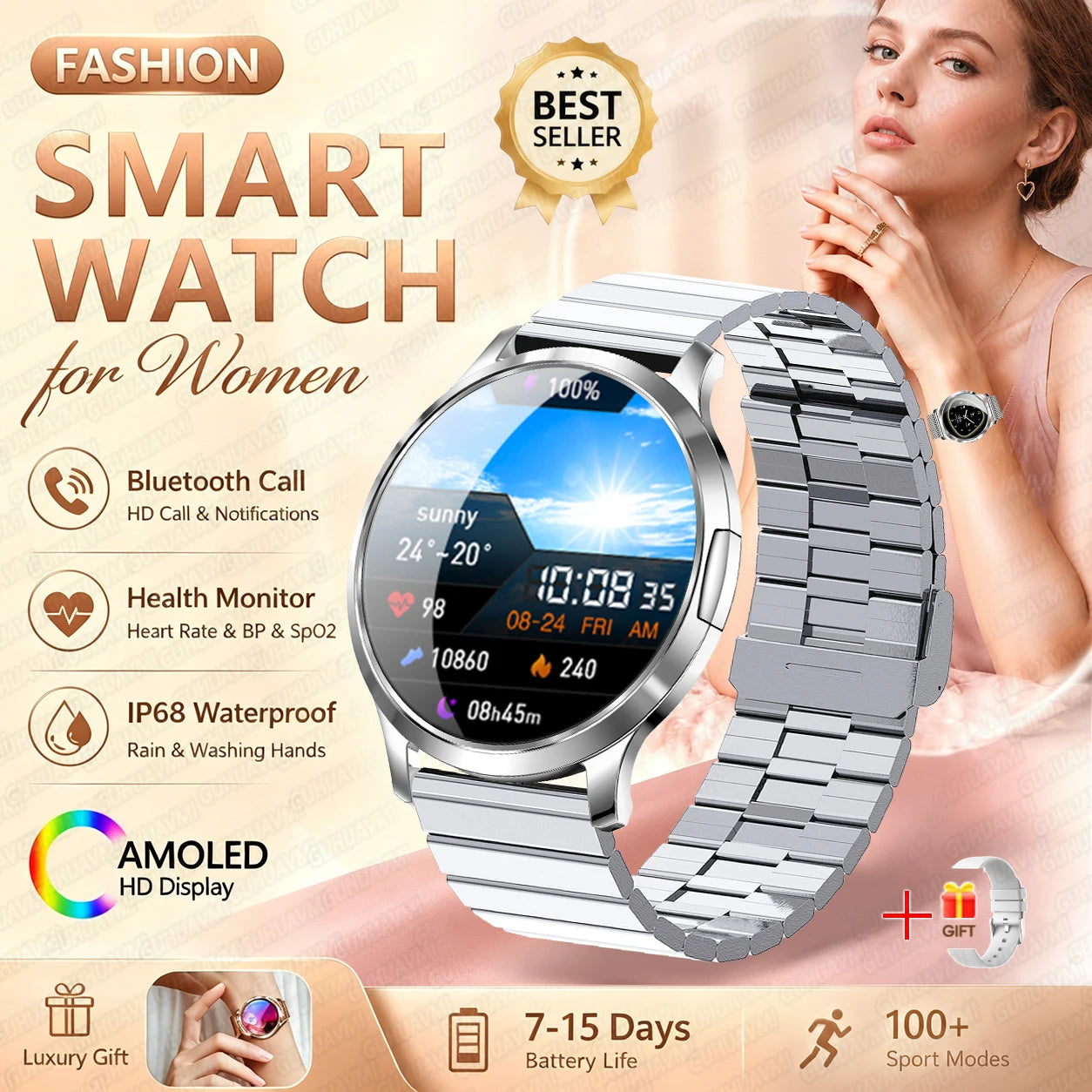 Fashion Women Smart Watch 1.32”AMOLED 100+dials Heart Rate Blood Oxygen Blood Pressure Monitoring Waterproof Give a Gift 2026New