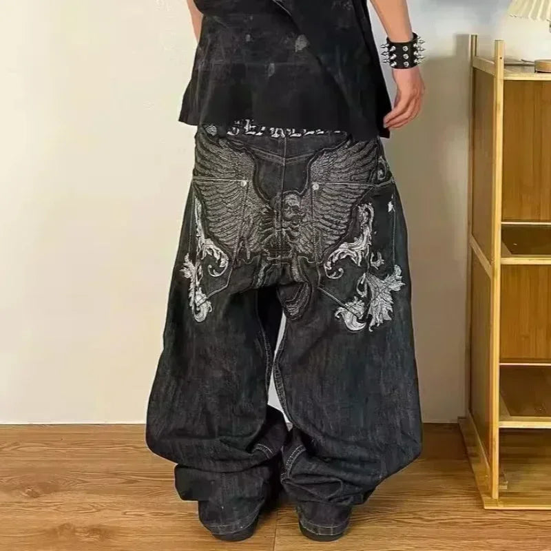Street Fashion Trend Skull Embroidered Jeans Women Straight Wide-leg Pants Couple Casual Jeans