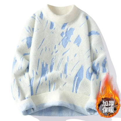Winter Men's Thickened Fleece Sweater Irregular Jacquard Pattern Casual Round Neck Pullover Tops Striped Soft Knitted Sweaters