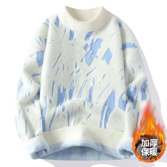 Winter Men's Thickened Fleece Sweater Irregular Jacquard Pattern Casual Round Neck Pullover Tops Striped Soft Knitted Sweaters