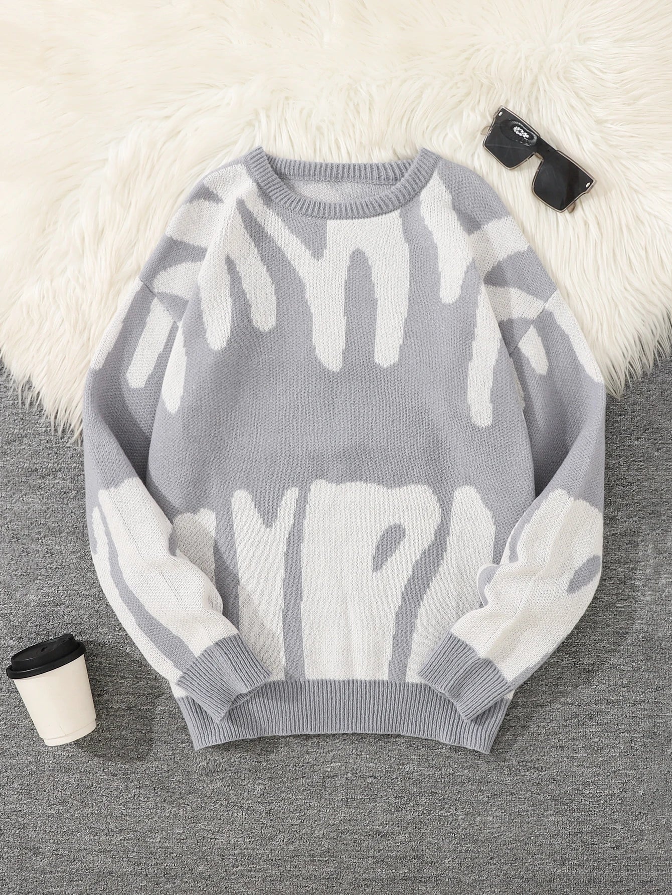 New Trendy Autumn and Winter Irregular Jacquard Pattern Pullover Sweater Casual Round Neck Color-Blocking Knit Men's Pullover