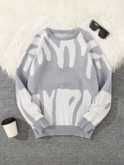 New Trendy Autumn and Winter Irregular Jacquard Pattern Pullover Sweater Casual Round Neck Color-Blocking Knit Men's Pullover