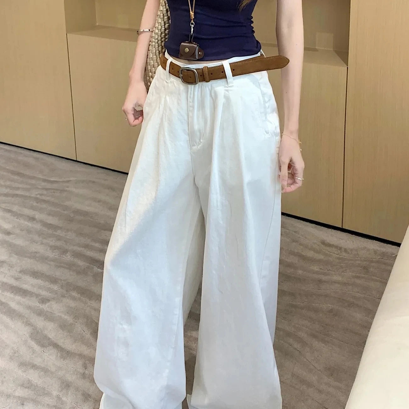 Y2K Korean Style Women's White High Waisted Wide Leg Jeans 2026 Spring Summer New Pleated Design Draped Casual Pants Streetwear
