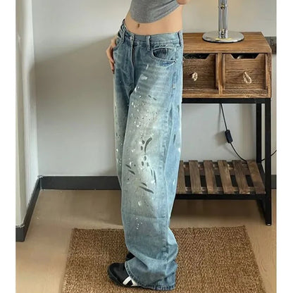Women Designer High Waisted Jeans Pants Female Chic Print Baggy Denim Pants Girls Fashion Thin Straight Leg Jeans Trousers
