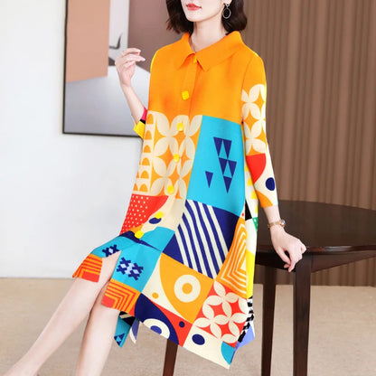 Miyake Pleated Dress Women 2024 Spring New High-End Design Sense Printing Lapel 3/4 Sleeve Single-breasted Fashion Shirt Dresses