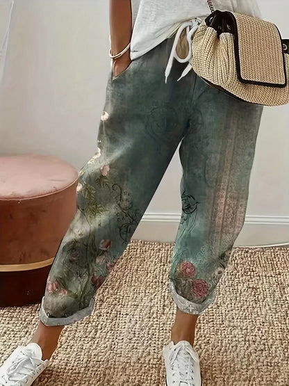 Women's Fashion Plus size 1XL-5XL Printed Flower Pants Ladies Casual Comfortable Loose Pocket Pants Casual Mid-waist Haren Pants