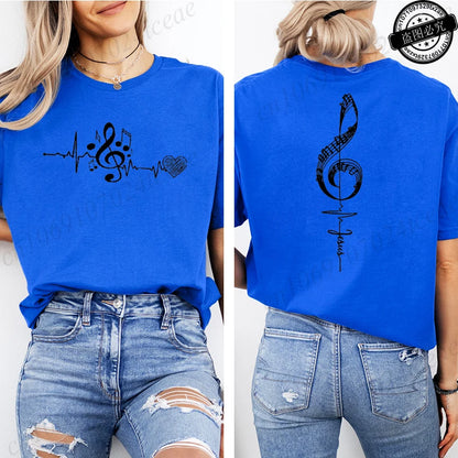Musical Notes Printed T-Shirt for Women, Heartbeat Music Graphic Tee Shirts