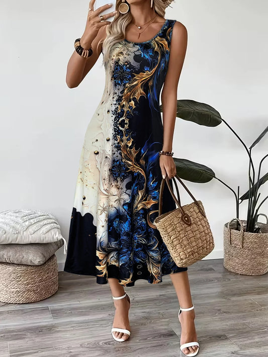 Women's Abstract Marble Floral Print Sleeveless Midi Dress Summer Casual Round Neck A Line Flowy Sundress