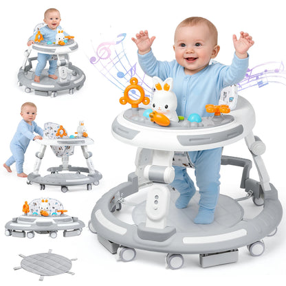 Safety-Enhanced 4-In-1 Grow-With-Me Baby Walker & Play Center - Adjustable 8 Heights, Anti-Tip Base, 8 Silent Brake Wheels
