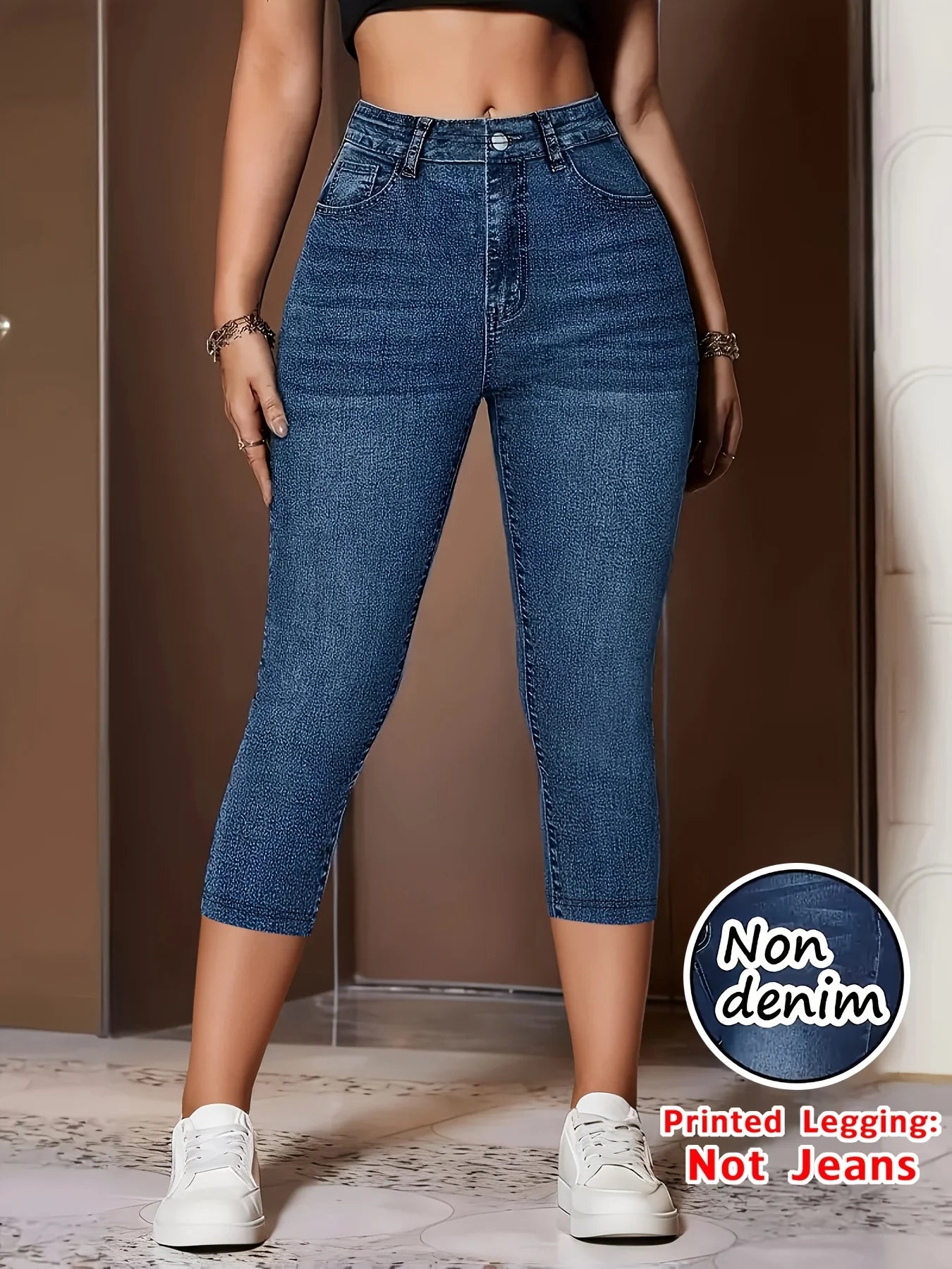 7149Women's Soft Faux Denim Print Shorts Non Hard Denim High Elastic Slim Fit Vacation Capri Pants