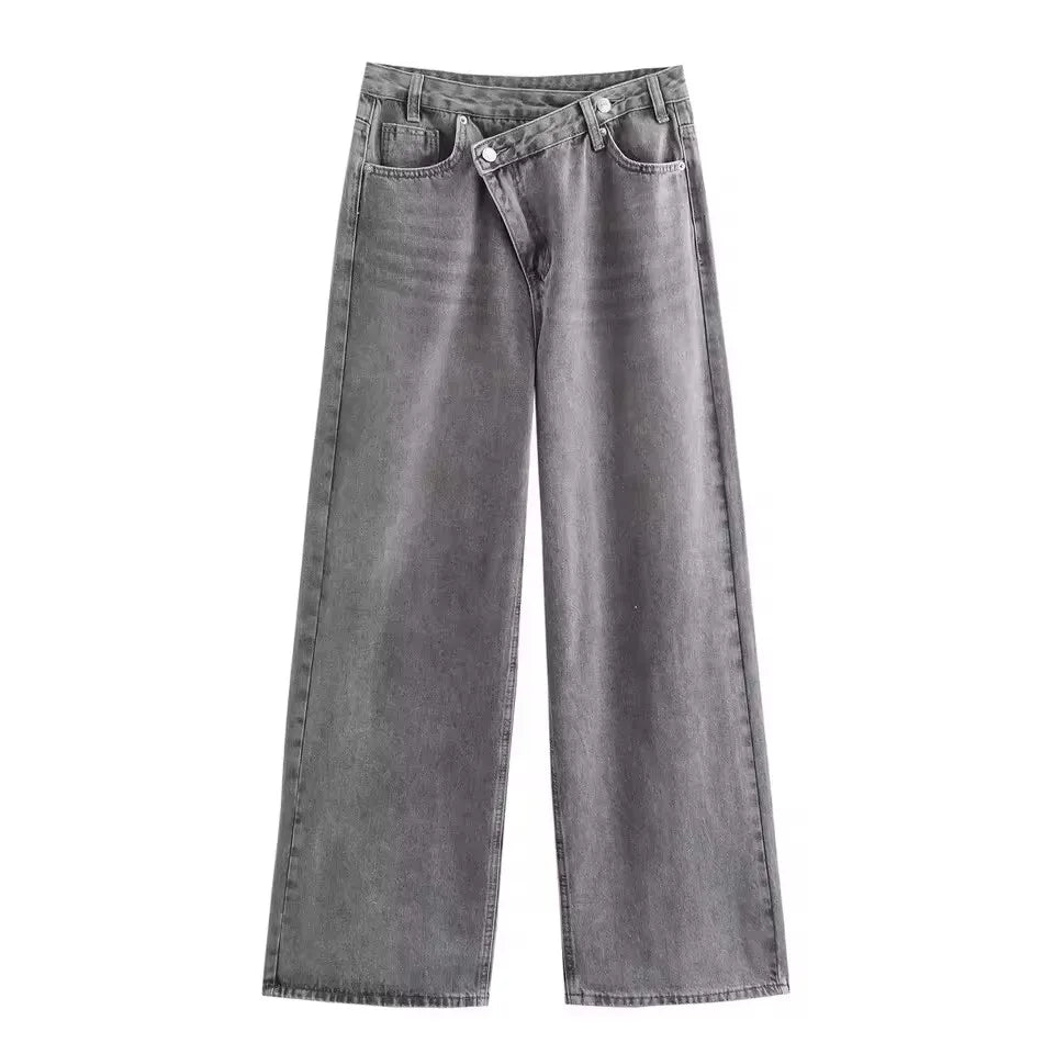 HH Women Vintage Cross Waist Wide Leg Jeans High Waist Asymmetrical Button Fly Baggy Denim Pants For Retro Street Style