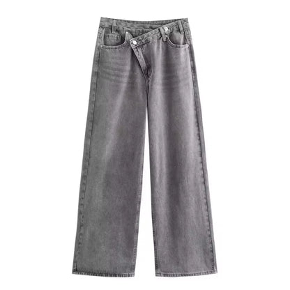 HH Women Vintage Cross Waist Wide Leg Jeans High Waist Asymmetrical Button Fly Baggy Denim Pants For Retro Street Style