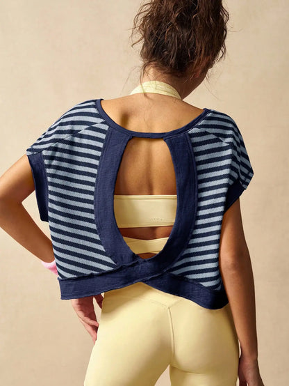 Women Striped Open Back Workout Top Gym Crop Top Summer Active Wear