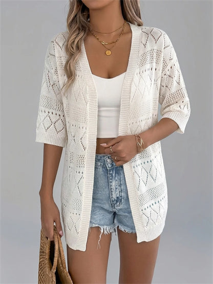 Hollow Out Knit Cardigan Short Sleeve Solid Color Summer Beach Lightweight Top
