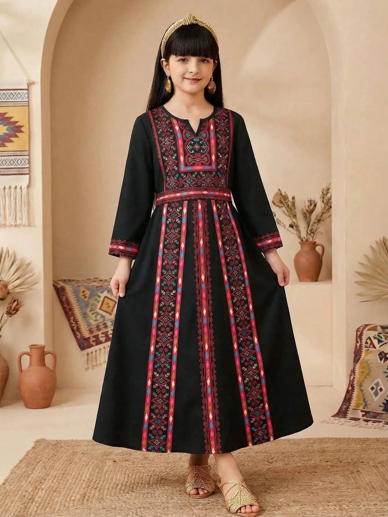 Black Embroidered Maxi Dress With Geometric Pattern, A-Line Long Sleeve, Bohemian Style