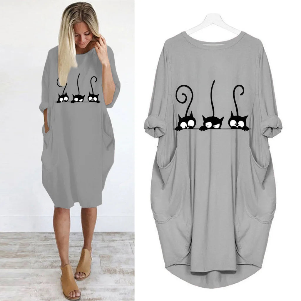 Women's Loose  Long Sleeved Summer Plus Size Dress Autumn  Winter Casual Round Neck Solid Color Long Sleeve Pocket Loose Pullove