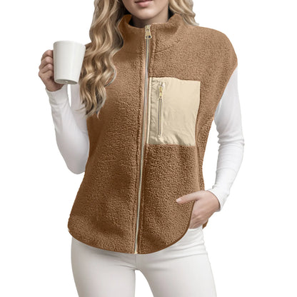 Women's Fleece Vests Sleeveless Jackets Casual Warm Cardigan Sweatshirts With Front Zipper Pockets Stand Collar Simple Outerwear