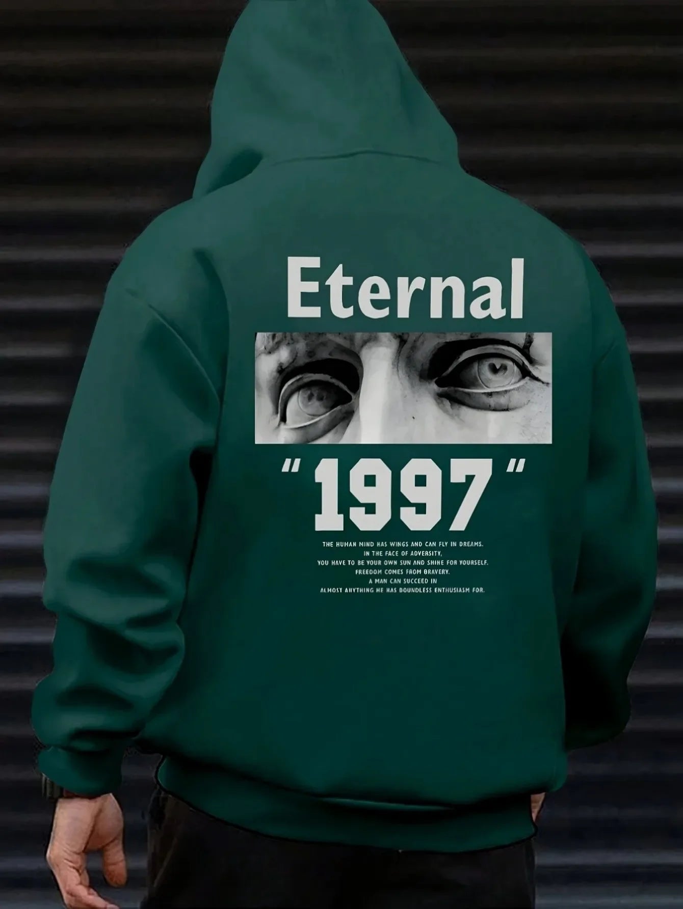 Men Fleece Hoodie Vintage Black White Sculpture Eyes Photo Eternal 1997 Letter Back Print Black Minimal Street Pullover
