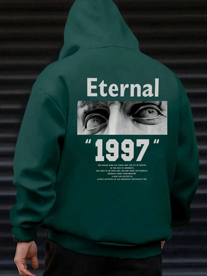 Men Fleece Hoodie Vintage Black White Sculpture Eyes Photo Eternal 1997 Letter Back Print Black Minimal Street Pullover