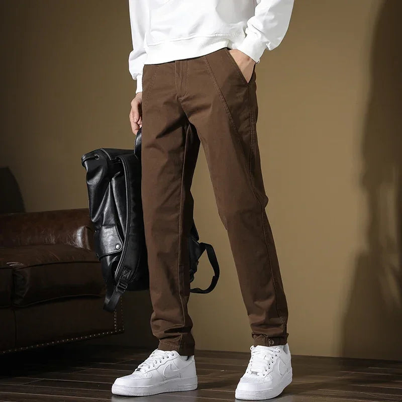 2024 New Men's Cotton Slim Casual Pants Korean Style Stretch Straight Fashionable Solid Color Versatile Casual Trousers Male