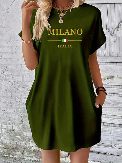 Ladies' summer loose MILANO ITALIA letter pattern printed round neck short sleeved pocket comfortable casual plus size dress