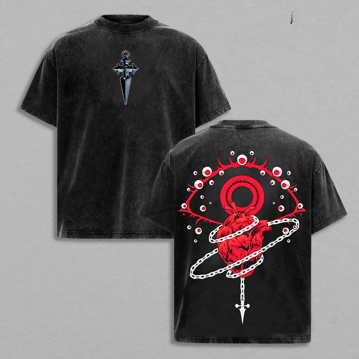 Vintage Acid Washed Distressed T-Shirt Gothic Dagger Cross Small Print Front Blood Eye Anatomical Heart Chain Horror Dark Grunge Graphic