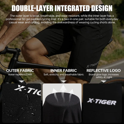 X-TIGER 2 in 1 Cycling Shorts Double Layer Loose Casual MTB Padded Shorts Waterproof Wearproof For Mountain Off-road Urban Commute Daily Wear