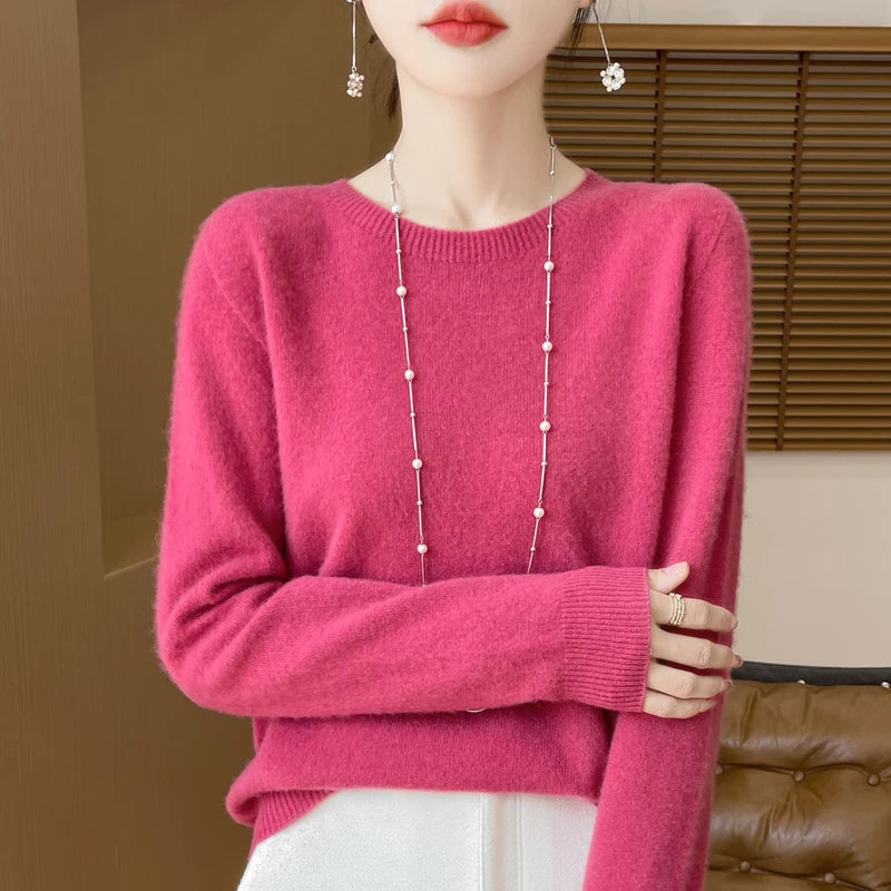 Women 100% Merino Wool Sweater New Fashion O-Neck Pullover Tops Basic Jumper Autumn Winter Woman Cashmere Sweater Knitted Blouse