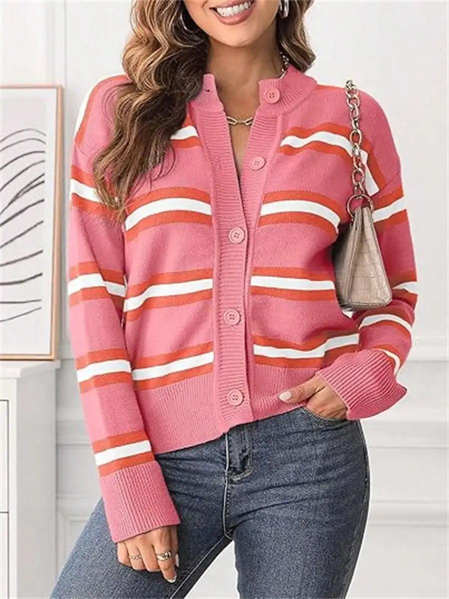 Womens Long Sleeve Cropped Striped Chunky Knit Cardigans Sweaters Long Sleeve Lightweight Open Front Button Tops Outfits