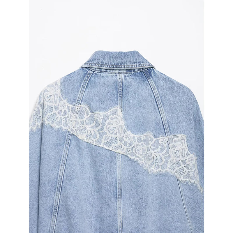 YENKYE New 2026 Women's Light Blue Lace Patchwork Cropped Denim Jacket Front Button Long Sleeve Loose Coat Streetwear
