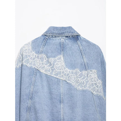 YENKYE New 2026 Women's Light Blue Lace Patchwork Cropped Denim Jacket Front Button Long Sleeve Loose Coat Streetwear