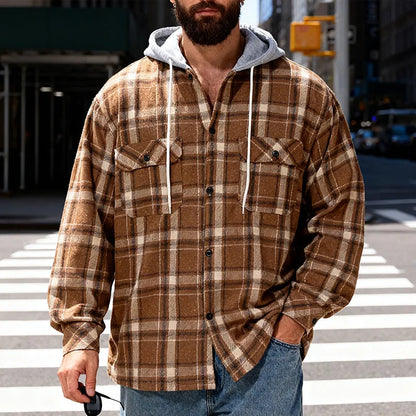 Men's Plaid Flannel Shirt Jacket Detachable Hooded Button-Down Shacket for Casual Wear