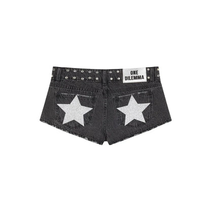 Y2K Low Waist Denim Shorts Women European American Casual Contrasting Loose Fashionable Back Sequin Star Print Hot Pants