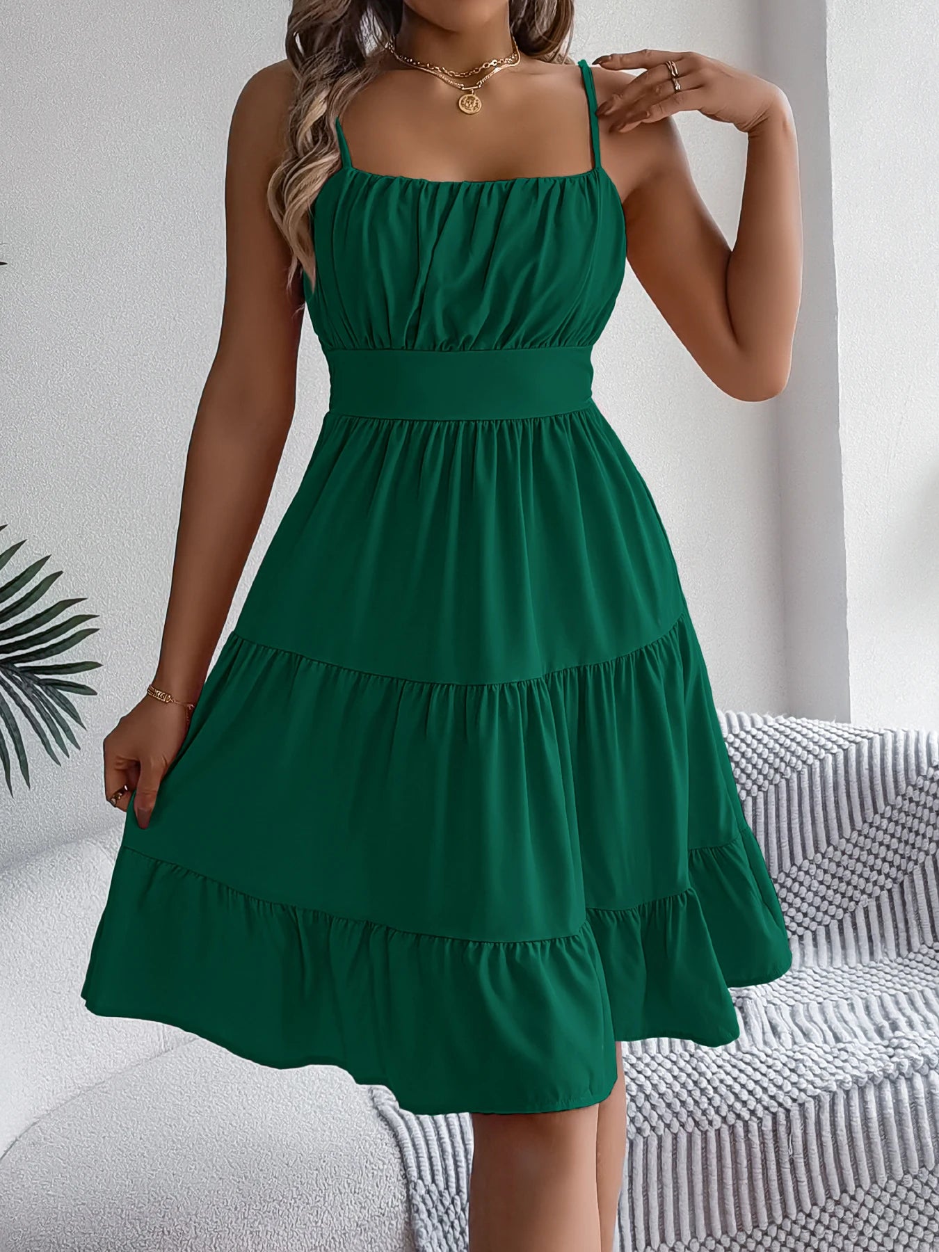 Casual Vacation Ruffled Camisole Dress Spring Summer Women's Solid Dresses for 2026 Valentine's Day Woman Clothing Pink Blue