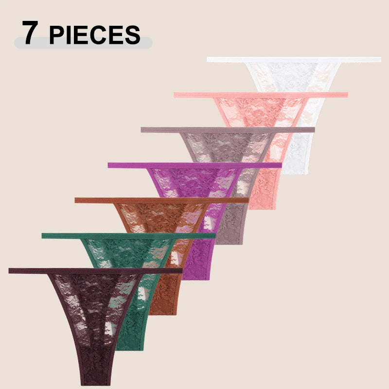 7Pcs/Set Women's Sexy Lace Transparents G-Strings Underwear Summer Solid Color Lace Floral Thongs Female Low Waist Sexy Lingerie