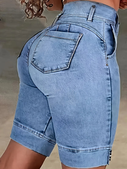 Ladies' Blue Double-Buckle Waist Slim Fit Jeans