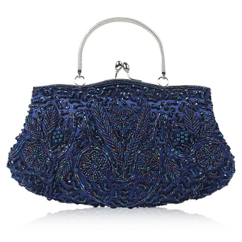 Evening Clutch Bag Handmade Beaded Floral Party Purse with Kiss Lock & Strap Glass Beads Polyester Blue Purple Grey