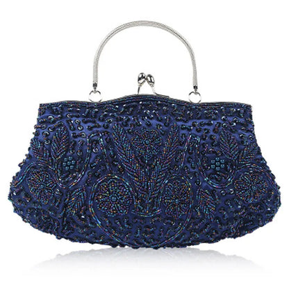 Evening Clutch Bag Handmade Beaded Floral Party Purse with Kiss Lock & Strap Glass Beads Polyester Blue Purple Grey