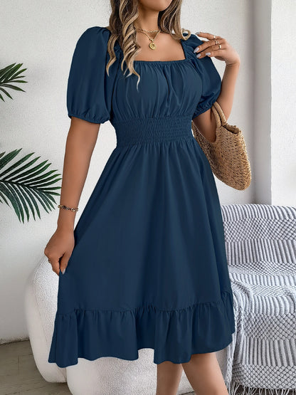 Spring Summer Elegant High Waisted Dress Square Neck Short Sleeved Ruffled Edge Long Dresses 2026 Valentine's Day Woman Clothing