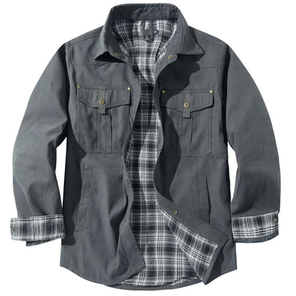Men's Plus Size Lapel Plaid Flannel Casual Jacket Winter Warm Thickened Solid Color Jacket