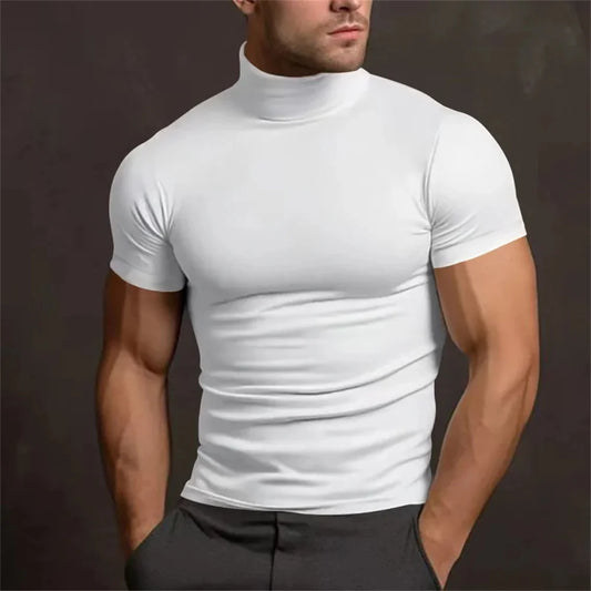 Cross-border Amazon 2024 summer solid color short-sleeved fashion bottoming shirt men's tight turtleneck T-shirt
