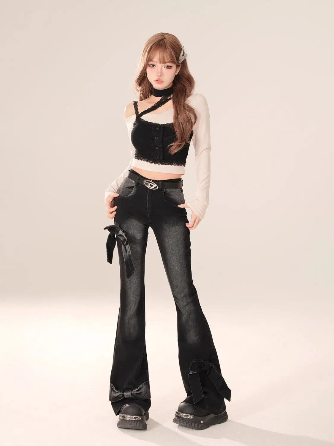 New Women Black Gothic Bow Flare Jeans Harajuku Aesthetic Y2K Denim Trousers High Waist Cowboy Pant Vintage 2000s Trashy Clothes
