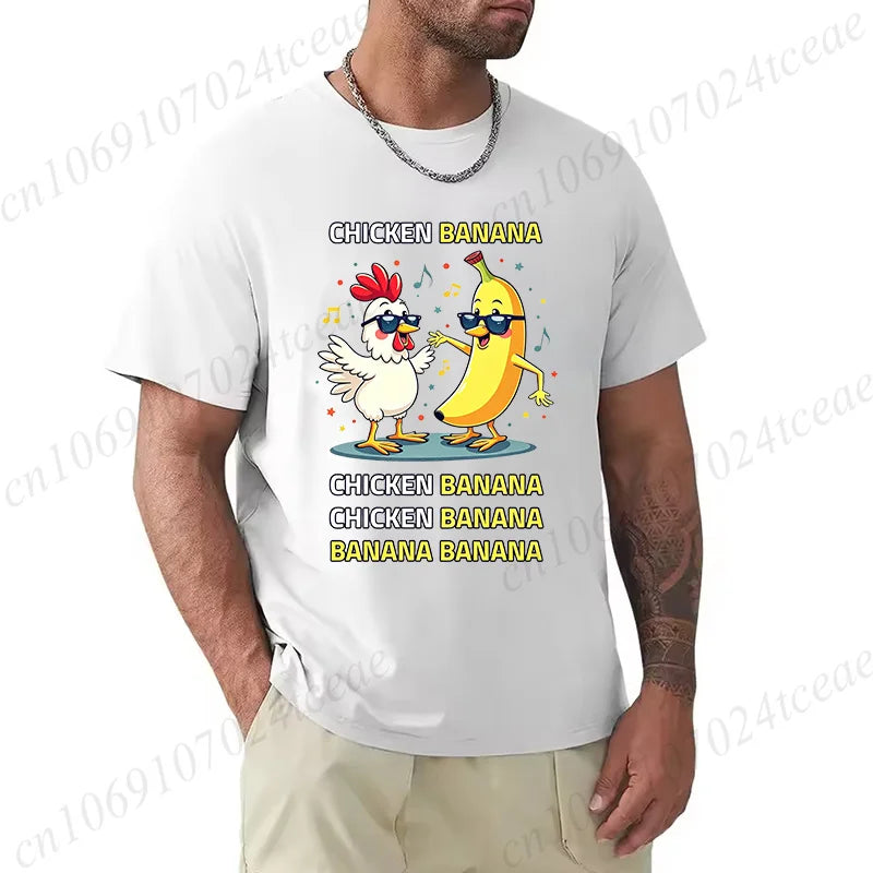 Unisex Chicken Banana Meme T Shirt Funny Cartoon Chicken Banana with Sunglasses Graphic Tee Music Short Sleeve Oversized Tops