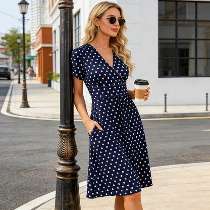 Women's V-Neck Wrap Dress with Pockets, Short Sleeve Polka Dot Casual Summer Dress
