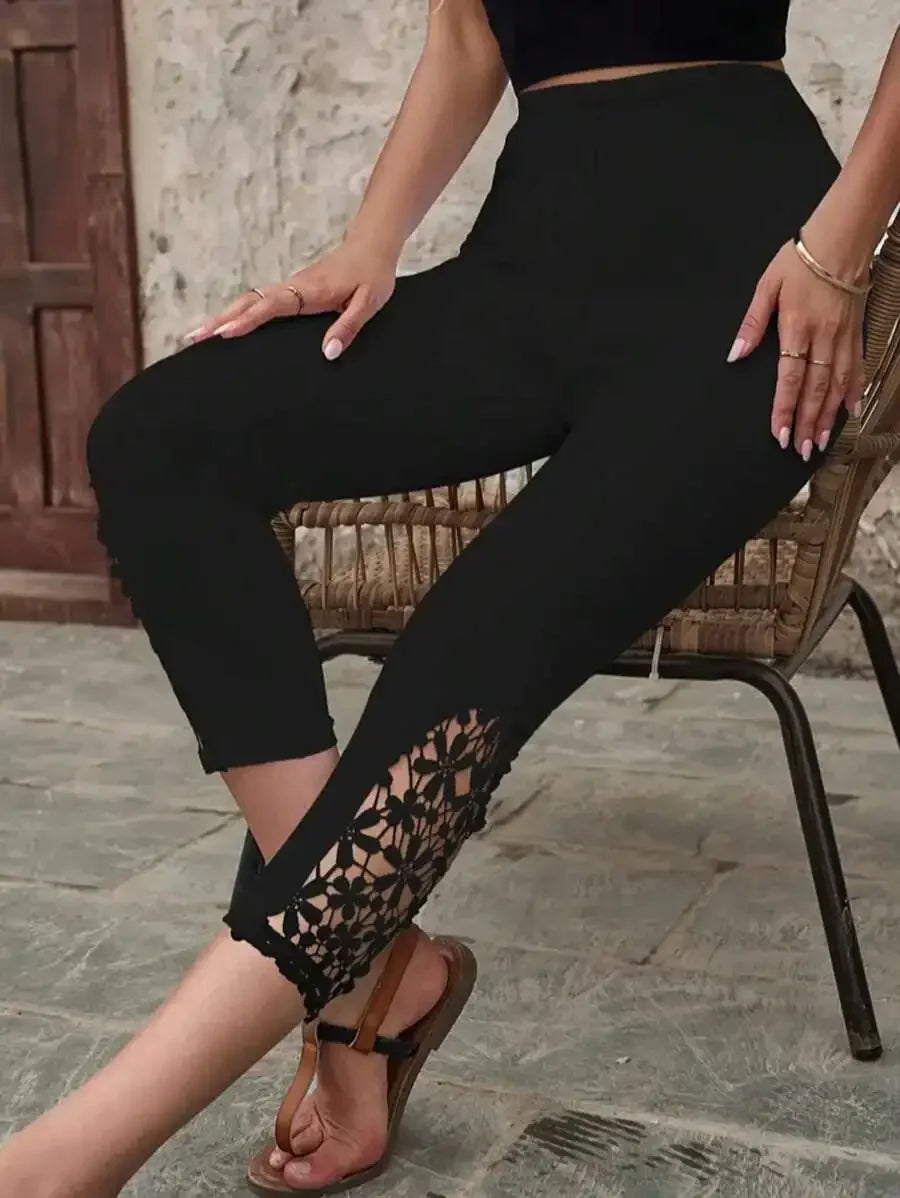 Floral Lace Patchwork 3/4 Leggings, Women Casual Cropped Stretch Tights, Solid-Color Capri Skinny Pants, Women Ankle Leggings