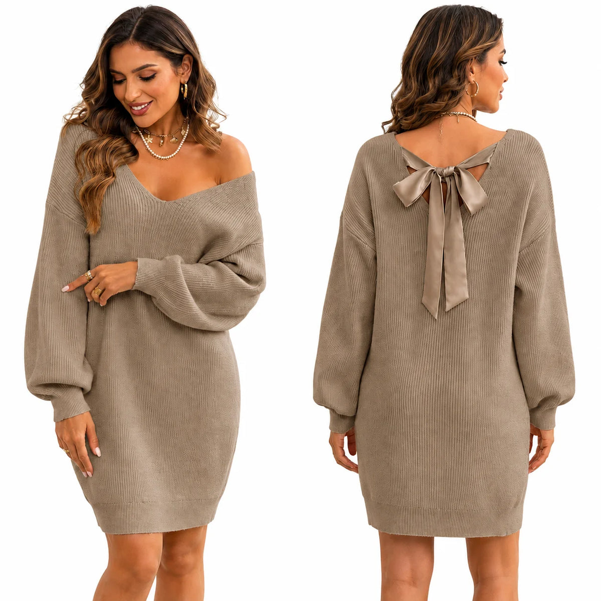 Women V‑Neck Oversized Knit Sweater Dress, Back Satin Bow Tie‑Back Long Puff Sleeve Loose Mini Knit Dress for Fall Party Daily Going‑Out Outfit