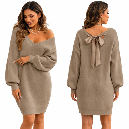 Women V‑Neck Oversized Knit Sweater Dress, Back Satin Bow Tie‑Back Long Puff Sleeve Loose Mini Knit Dress for Fall Party Daily Going‑Out Outfit