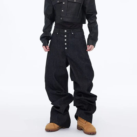 High Street Retro Buckle Design For Men'S Jeans Street Ruff And Handsome Loose Casual Wide Leg Pants Black Jeans